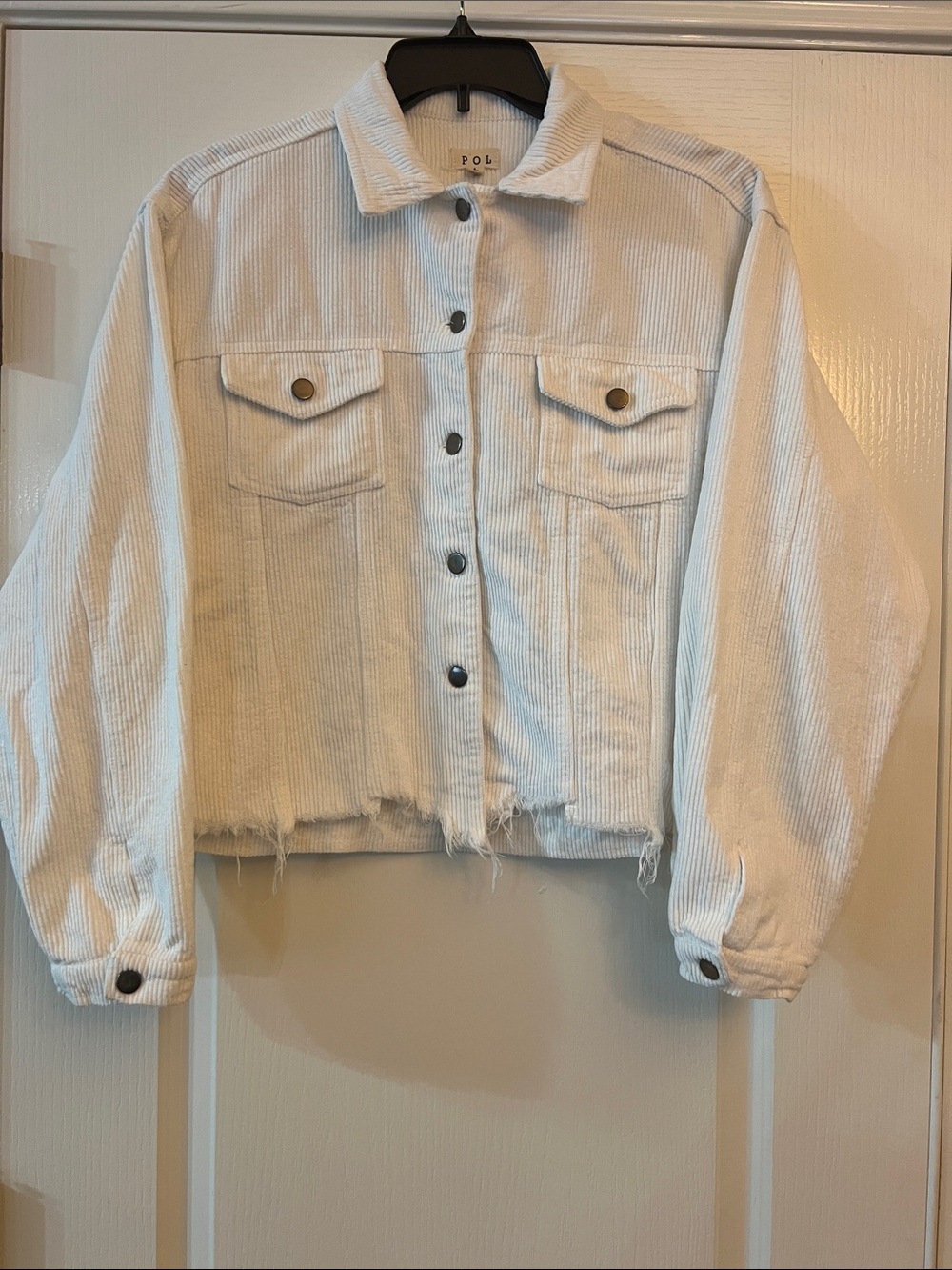 POL Cropped White Corduroy Jean Jacket with Raw Hem